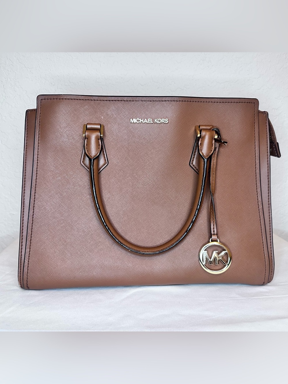 Michael Kors Sutton Medium Saffiano Leather Satchel Brown Gold